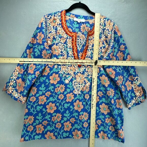 Amaya Textiles Top‎ Womens 42 M/L Blue Pullover Floral Embroidered Thin Cotton - Picture 8 of 15